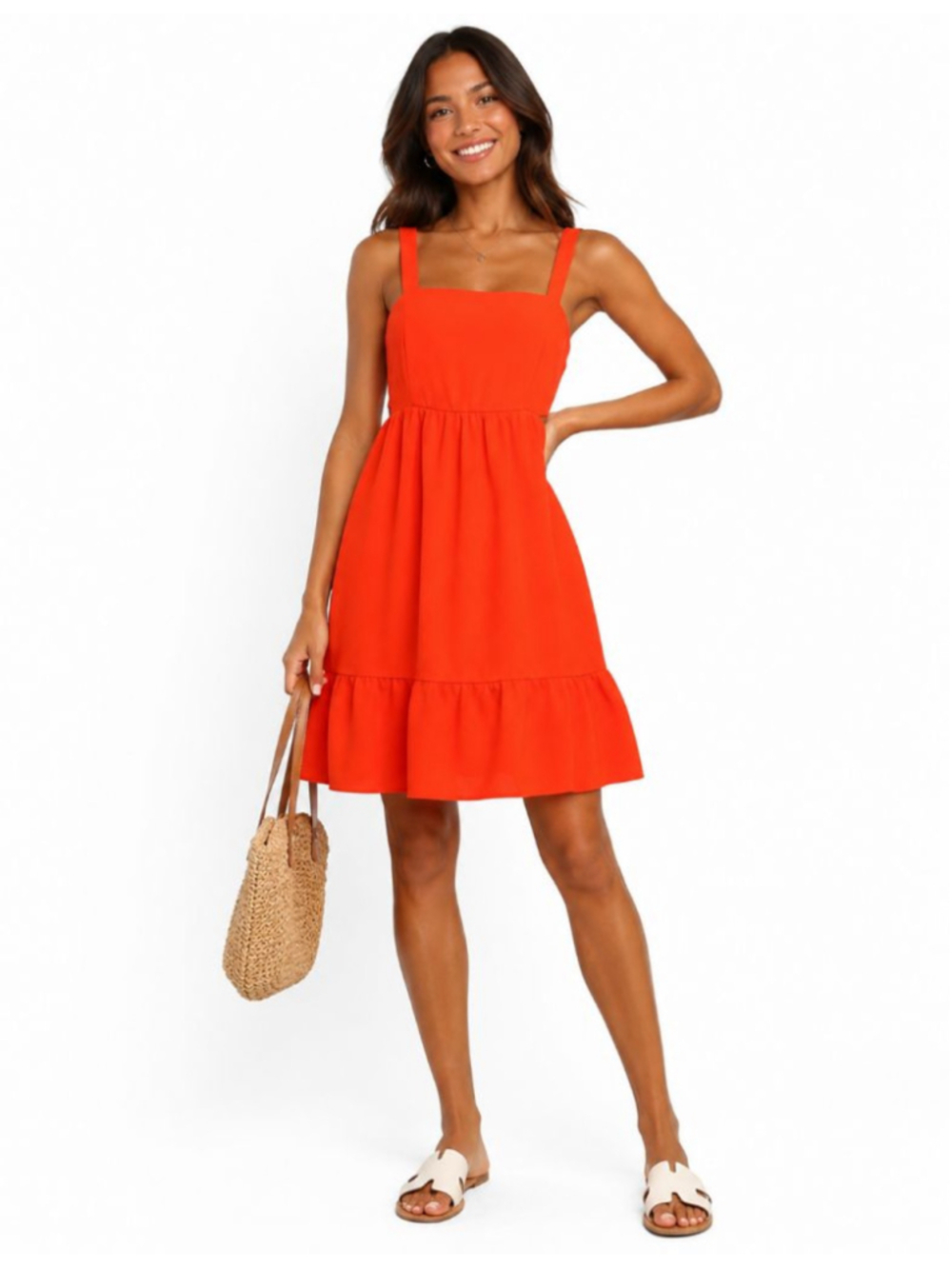Lulus Orange Open Back Tie Sundress Size L EUC Summer Ruffle Hem Dress